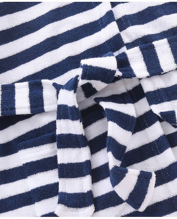 Babyhug Cotton Knit Hooded Bathrobe With Waist Belt Stripes - Blue