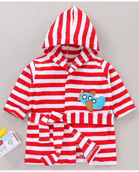 Babyhug Cotton Knit Hooded Bathrobe With Waist Belt Stripes - Red