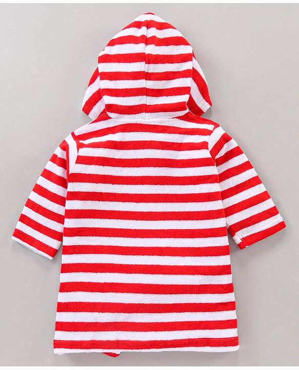 Babyhug Cotton Knit Hooded Bathrobe With Waist Belt Stripes - Red