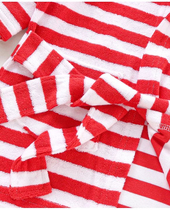 Babyhug Cotton Knit Hooded Bathrobe With Waist Belt Stripes - Red