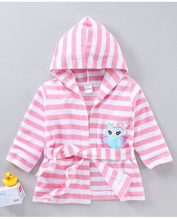Babyhug 3/4th Sleeves Cotton Bathrobe Striped and Embroidered - Pink