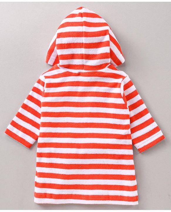 Babyhug Three Fourth Sleeves Hooded Bath Robe Striped and Embroidered - Orange