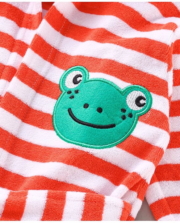 Babyhug Three Fourth Sleeves Hooded Bath Robe Striped and Embroidered - Orange