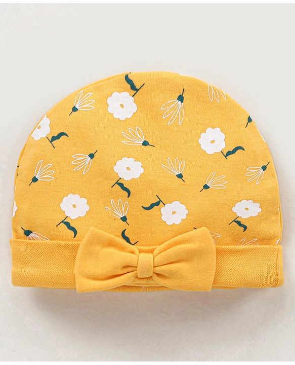 Babyhug 100% Cotton Cap Floral Print Yellow- Diameter 10.5 cm