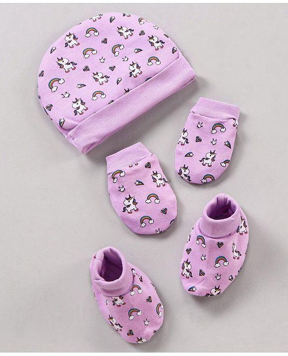 Babyhug 100% Cotton Cap Mittens & Booties Unicorn Print Purple- Diameter 11 cm