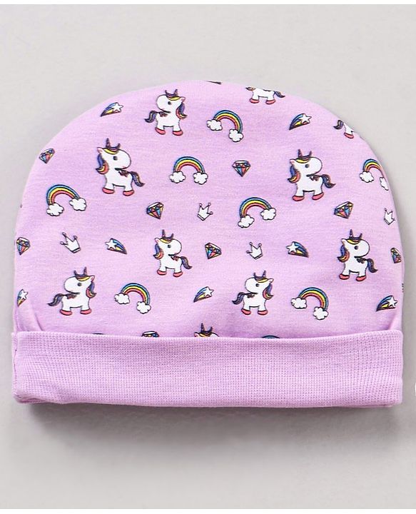 Babyhug 100% Cotton Cap Mittens & Booties Unicorn Print Purple- Diameter 11 cm