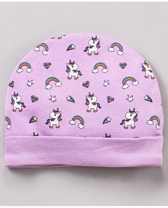 Babyhug 100% Cotton Cap Mittens & Booties Unicorn Print Purple- Diameter 11 cm