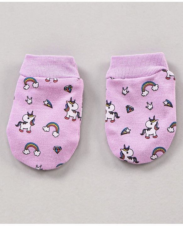 Babyhug 100% Cotton Cap Mittens & Booties Unicorn Print Purple- Diameter 11 cm