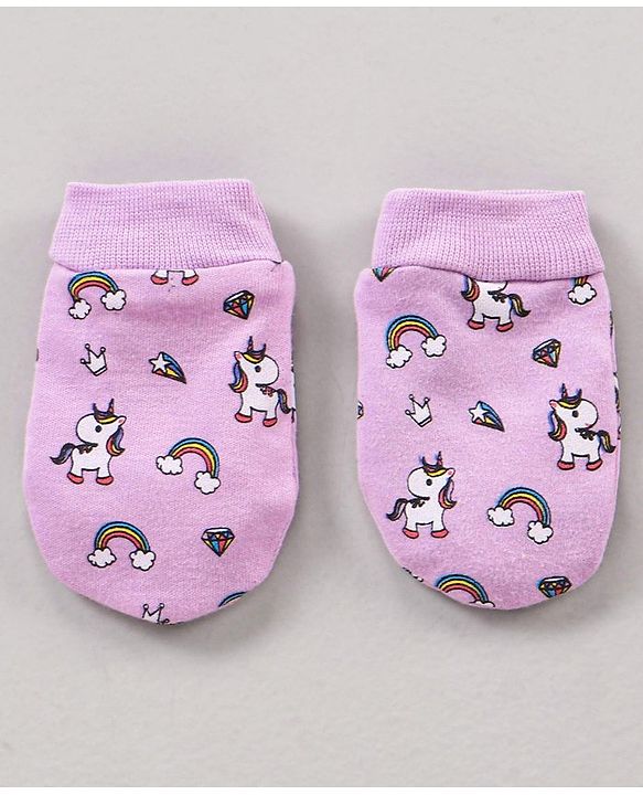 Babyhug 100% Cotton Cap Mittens & Booties Unicorn Print Purple- Diameter 11 cm