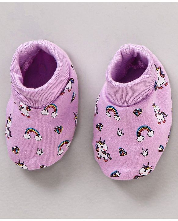 Babyhug 100% Cotton Cap Mittens & Booties Unicorn Print Purple- Diameter 11 cm