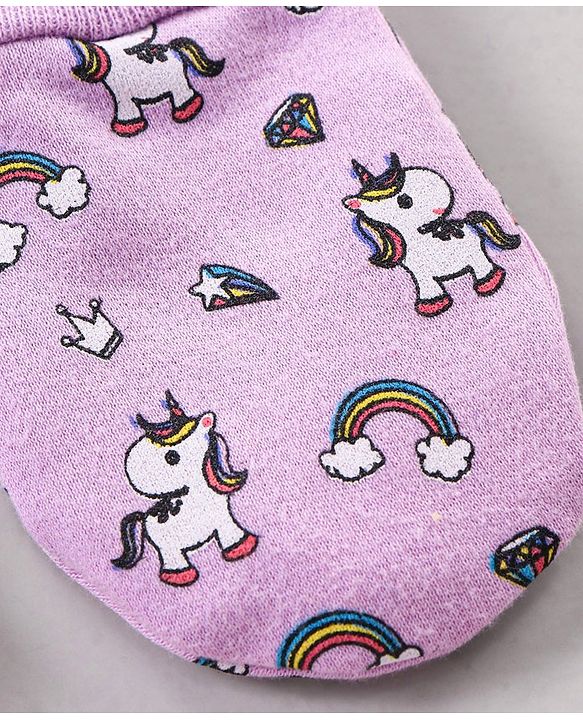 Babyhug 100% Cotton Cap Mittens & Booties Unicorn Print Purple- Diameter 11 cm