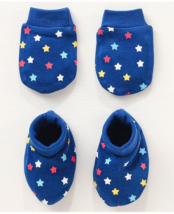 Babyhug 100% Cotton Mittens and Booties Set Star Print - Blue