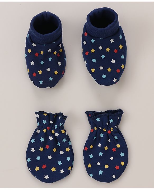 Babyhug 100% Cotton Mittens and Booties Set Star Print - Blue