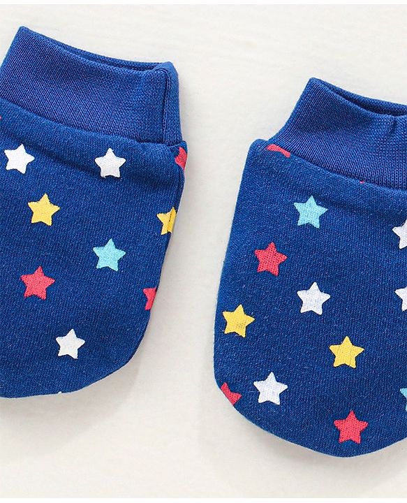 Babyhug 100% Cotton Mittens and Booties Set Star Print - Blue