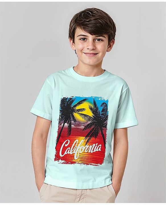 Pine Kids Half Sleeves Bio Washed T-Shirt California Print - Light Blue
