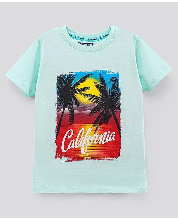 Pine Kids Half Sleeves Bio Washed T-Shirt California Print - Light Blue