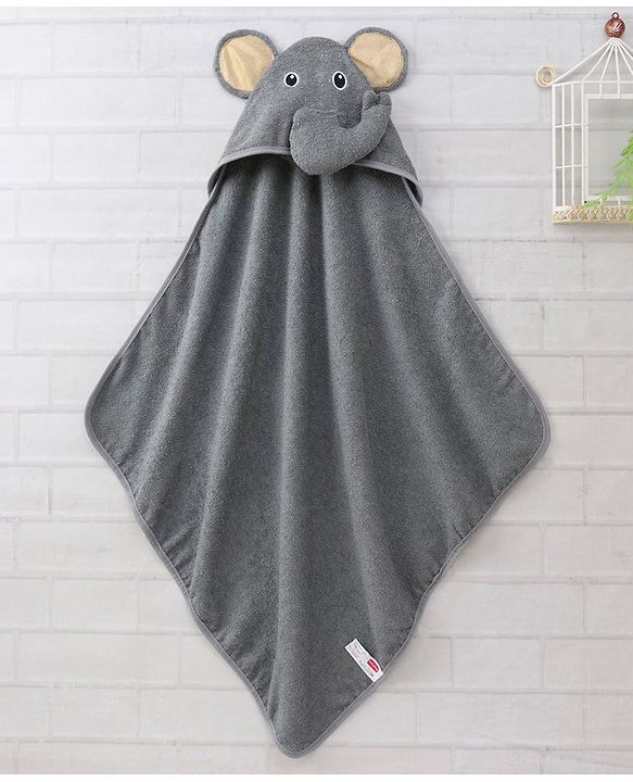 Babyhug Woven Terry Hooded Towel Elephant Patch - Grey