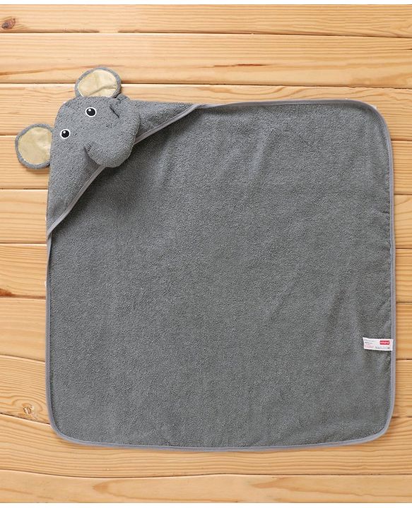 Babyhug Woven Terry Hooded Towel Elephant Patch - Grey
