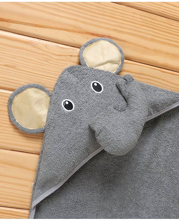 Babyhug Woven Terry Hooded Towel Elephant Patch - Grey