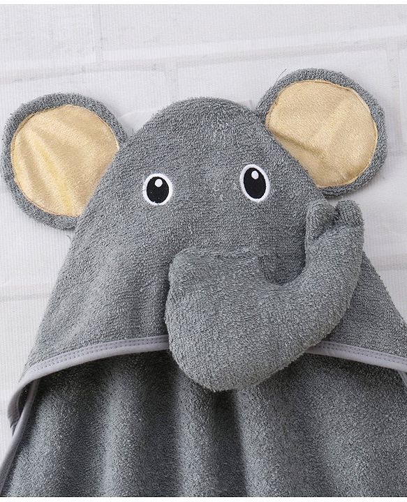 Babyhug Woven Terry Hooded Towel Elephant Patch - Grey
