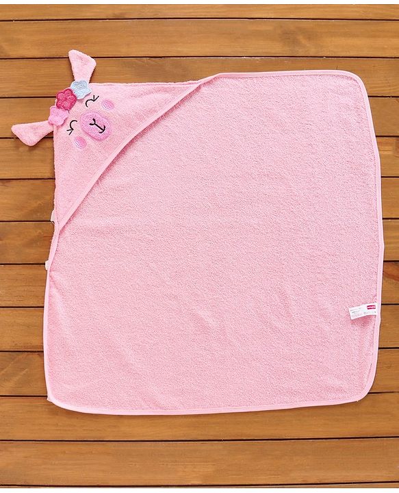 Babyhug Woven Terry Hooded Towel Animal Face Embroidery - Pink