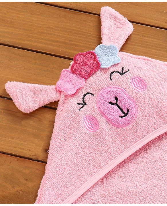 Babyhug Woven Terry Hooded Towel Animal Face Embroidery - Pink