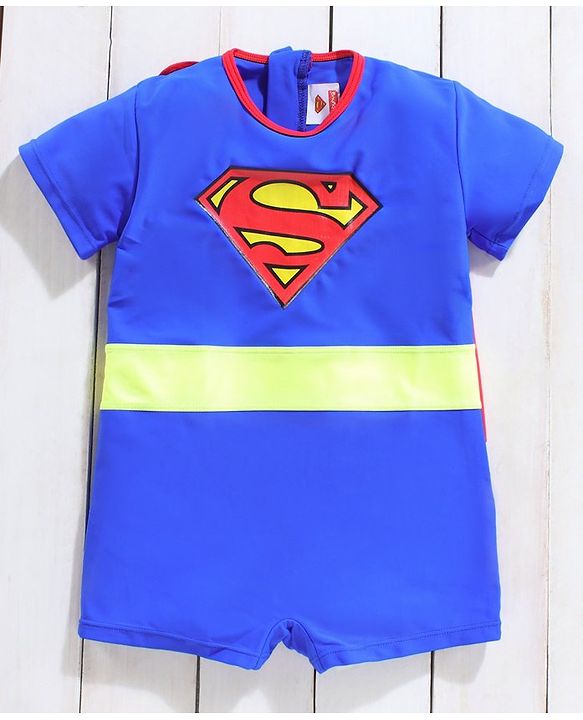Babyhug Half Sleeves Legged Swimsuit with Cap Superman Print - Blue
