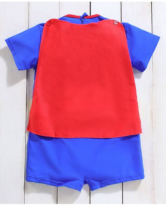 Babyhug Half Sleeves Legged Swimsuit with Cap Superman Print - Blue