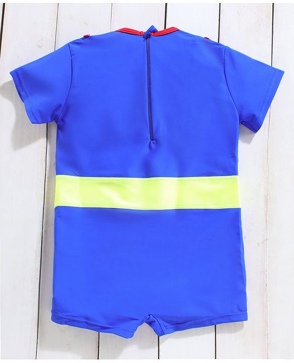 Babyhug Half Sleeves Legged Swimsuit with Cap Superman Print - Blue
