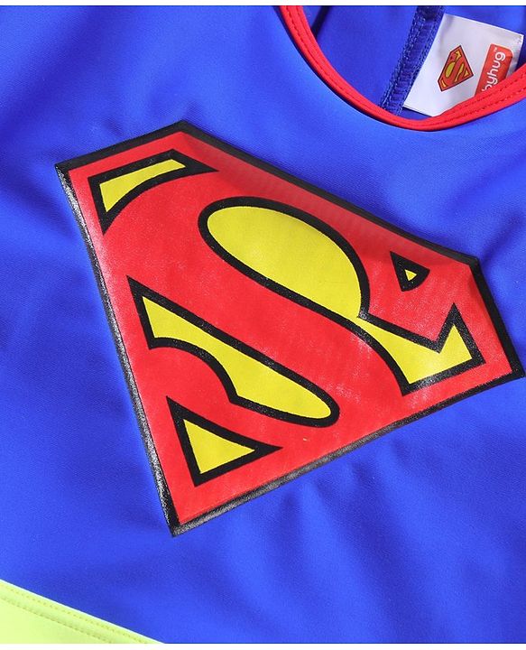 Babyhug Half Sleeves Legged Swimsuit with Cap Superman Print - Blue