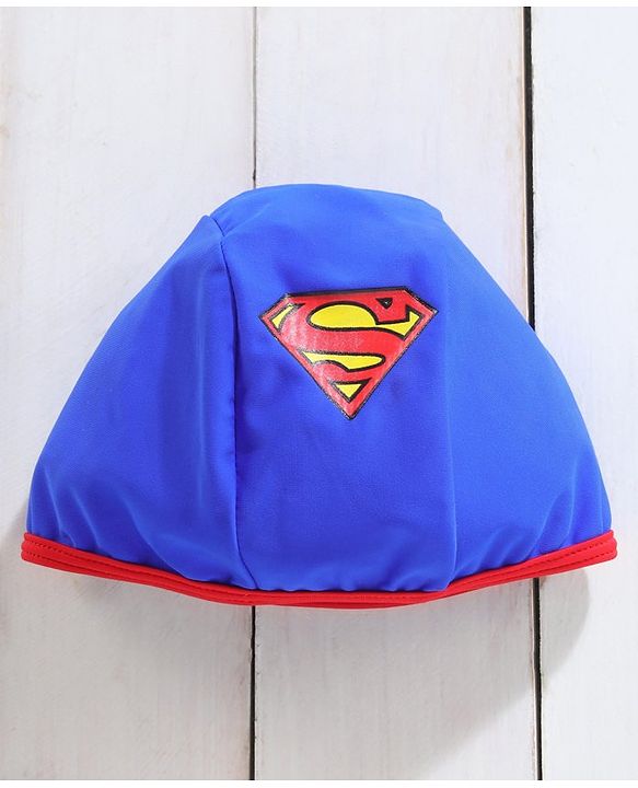 Babyhug Half Sleeves Legged Swimsuit with Cap Superman Print - Blue