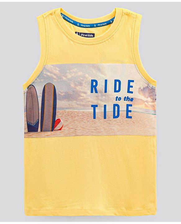 Pine Kids Sleeveless Bio Washed T-Shirt Beach Print - Yellow