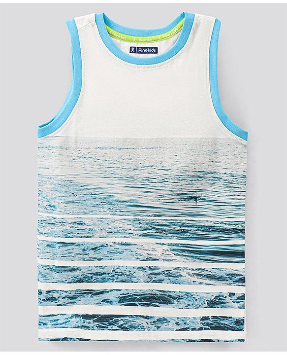 Pine Kids Sleeveless Biowashed T-Shirt Sea Print - Blue