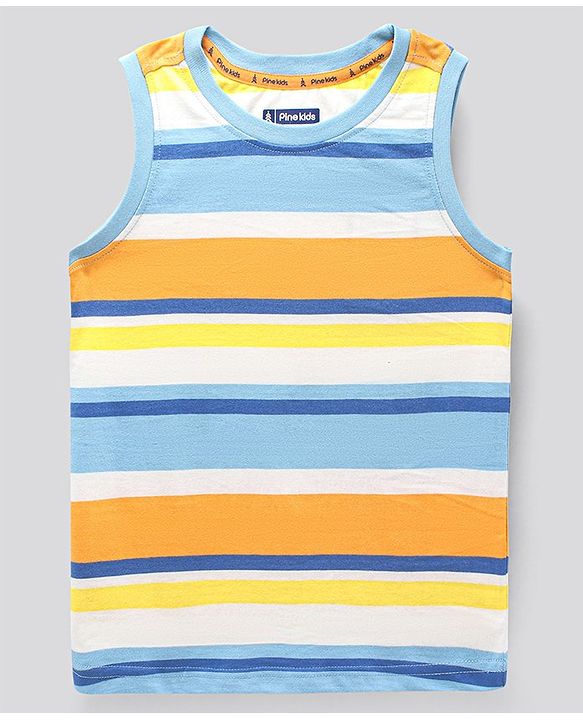 Pine Kids Sleeveless Bio Washed T-Shirt Stripes Print - Yellow Blue