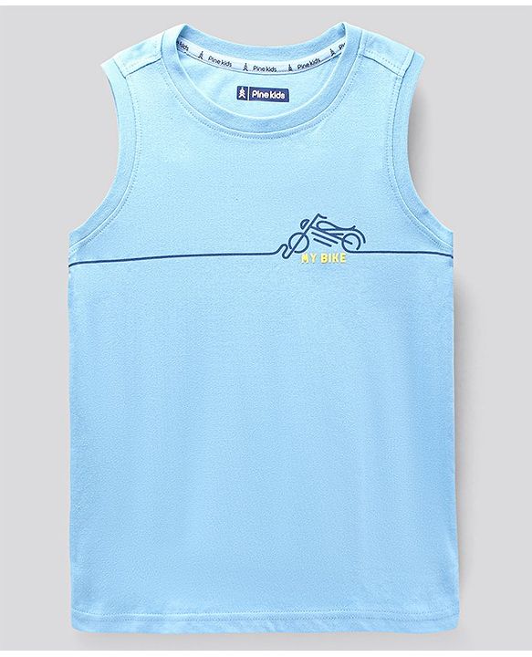 Pine Kids Sleeveless Bio Washed T-Shirt Bike Print - Light Blue