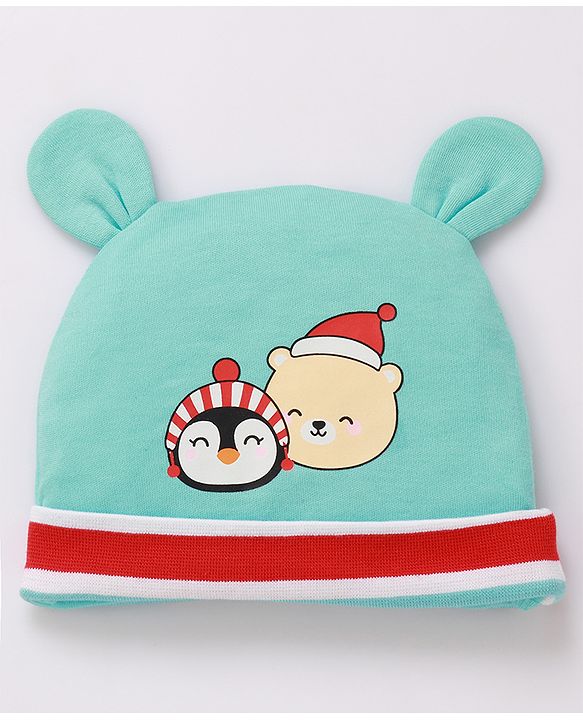Babyhug 100% Cotton Cap Mittens & Booties Printed Blue- Diameter 9.5 cm