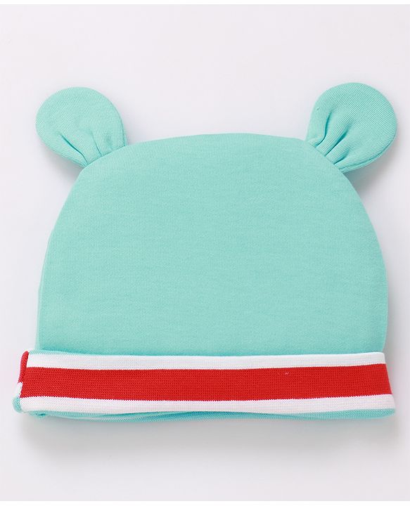 Babyhug 100% Cotton Cap Mittens & Booties Printed Blue- Diameter 9.5 cm