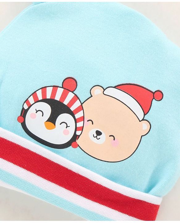 Babyhug 100% Cotton Cap Mittens & Booties Printed Blue- Diameter 9.5 cm