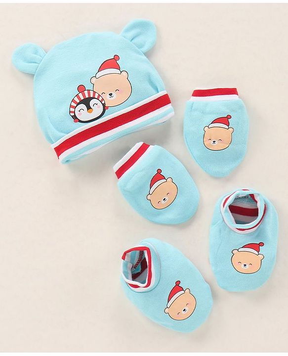 Babyhug 100% Cotton Cap Mittens & Booties Printed Blue- Diameter 9.5 cm