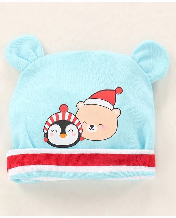 Babyhug 100% Cotton Cap Mittens & Booties Printed Blue- Diameter 9.5 cm