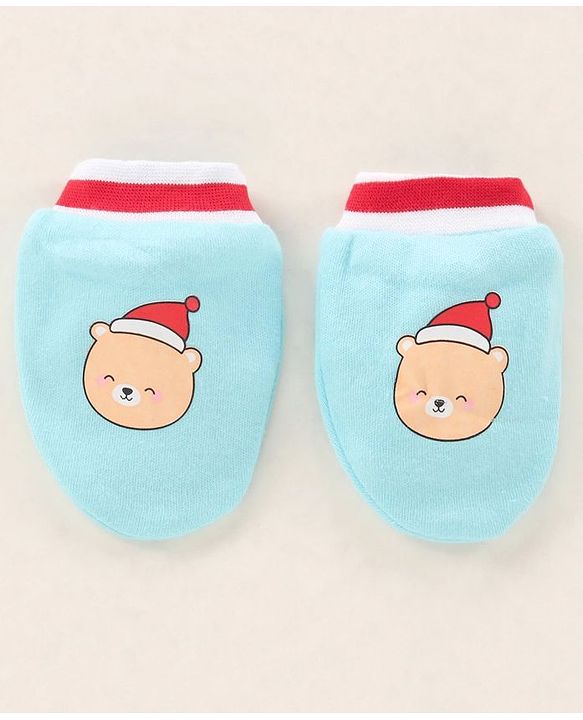 Babyhug 100% Cotton Cap Mittens & Booties Printed Blue- Diameter 9.5 cm
