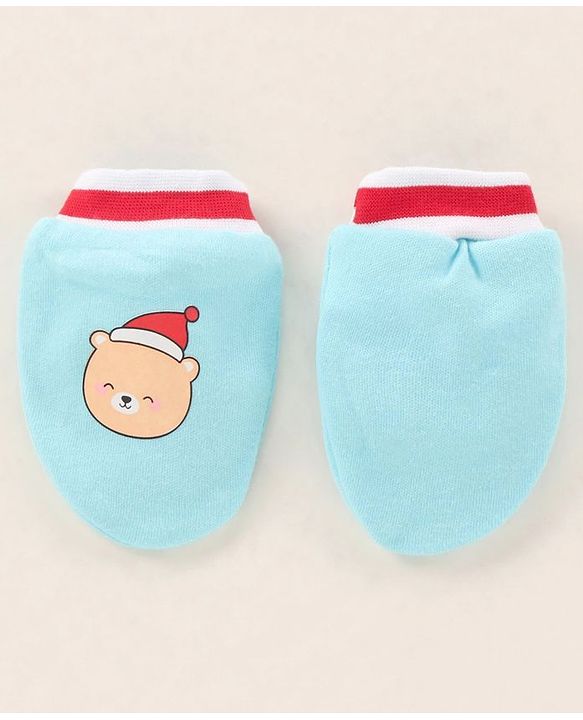 Babyhug 100% Cotton Cap Mittens & Booties Printed Blue- Diameter 9.5 cm