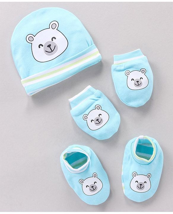 Babyhug 100% Cotton Cap Mitten Booties Set Bear Printed - Blue