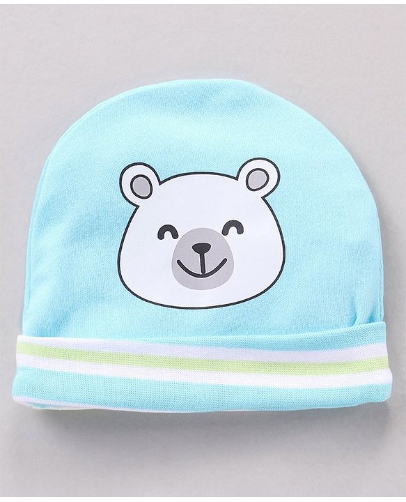 Babyhug 100% Cotton Cap Mitten Booties Set Bear Printed - Blue