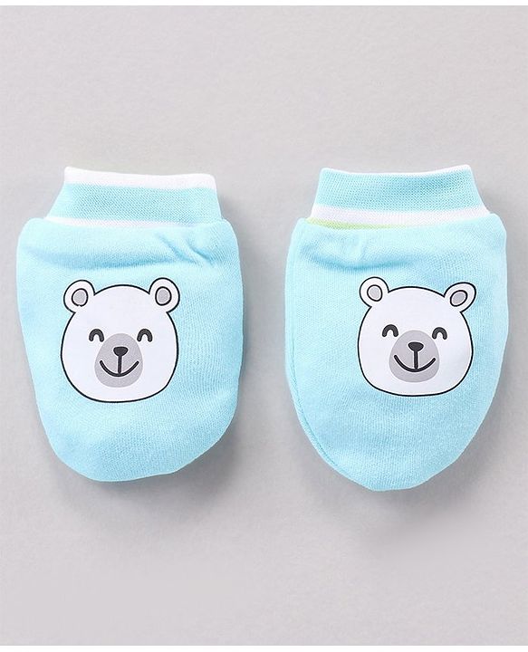 Babyhug 100% Cotton Cap Mitten Booties Set Bear Printed - Blue