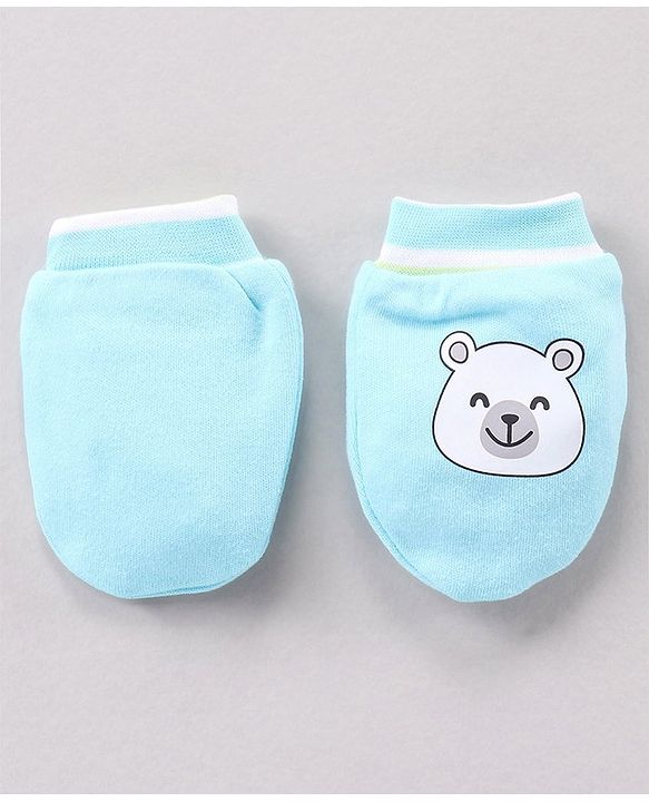 Babyhug 100% Cotton Cap Mitten Booties Set Bear Printed - Blue