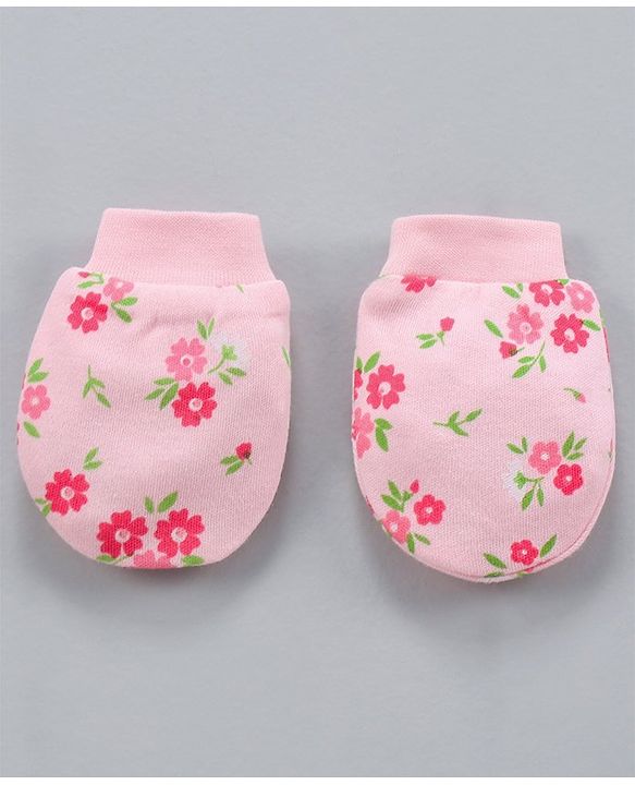 Babyhug 100% Cotton Mittens & Booties Floral Print- Pink