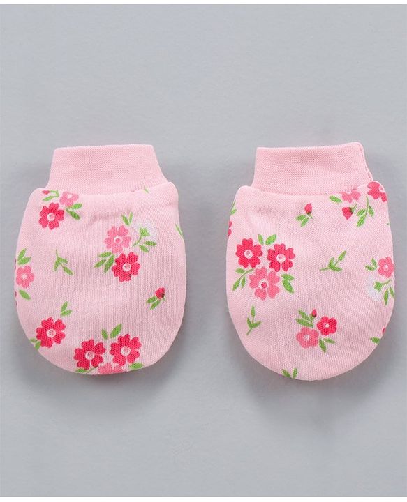 Babyhug 100% Cotton Mittens & Booties Floral Print- Pink