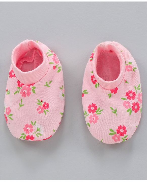 Babyhug 100% Cotton Mittens & Booties Floral Print- Pink