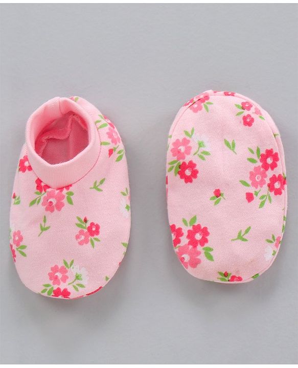 Babyhug 100% Cotton Mittens & Booties Floral Print- Pink